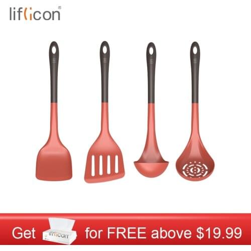 Liflicon Silicone kitchen cookware utensils Nonstick tools with spatula turner ladle skimmer rice paddle for cooking