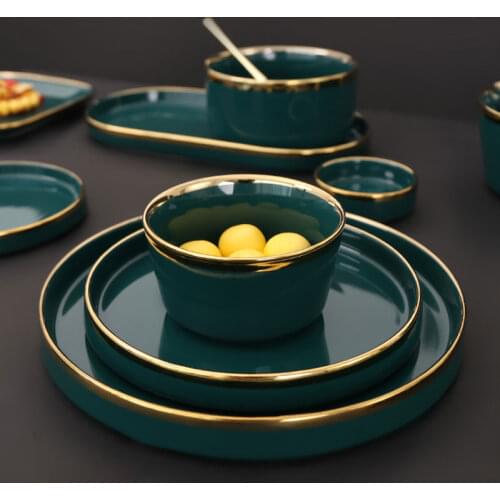 Light Luxury Phnom Penh Emerald Dish Bowl Dinner Set Nordic Style Household Ceramic Soup Bowl Deep Plate Western Food Tableware