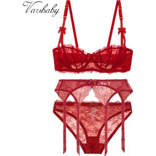 Varsbaby Sexy lace half cup bra set dark red white wedding underwear 3 PCS/LOT