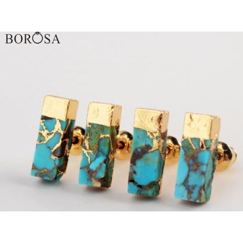 BOROSA Rectangle Shape Turquoises Earrings with Gold Veins Natural Turquoises Stud Earrings Fashion Boho Jewelry for Women G1987