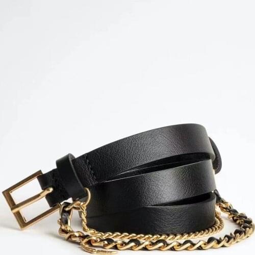 Real Leather Women Belts Golden Plating Chain Wings Decoration Black Belt Metal Buckle Luxury Belt