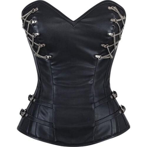 Sexy Women Leather Sliver Chain Steampunk Corset Steel Boned Corset Gothic Faux Leather Black Shaperwear Corsage Korsett
