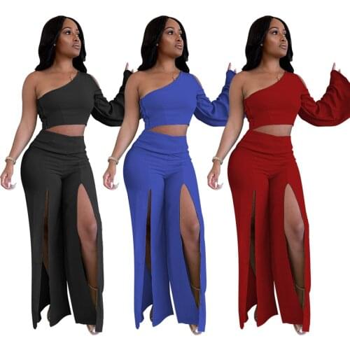 Elegant Solid Hollow Out Solid Tracksuit Women Sexy One Shoulder Flare Sleeve + High Slit Wide Leg Pants Slim Two Piece Set