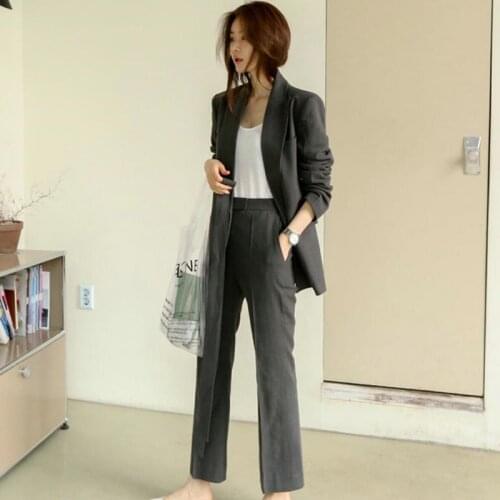 Suit Women Office Ladies Blazer Korean Lace Up Jacket High Waist Long Pants Casual Loose Female Suits Two Pieces Sets Business