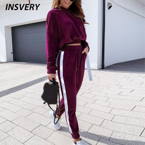 Tracksuits For Women 2 Pieces Sets Striped Tops And Pants Women Velvet Suits Casual Ladies Elegant Solid Color Stitching Suit