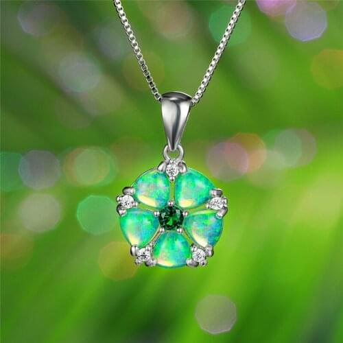 Boho Female Round Flower Pendants Necklaces Silver Color Wedding Necklaces For Women Boho Blue White Green Opal Stone Necklace