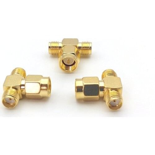 Gold RP-SMA female plug to two RP-SMA male jack T RF adapter 3 way