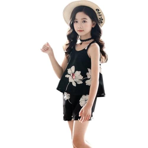 2020 fashion Kids Baby Girl Floral black top + Floral Skirts Summer Short Sleeve 2PCS Infant kids Girl Clothes 4-12Years