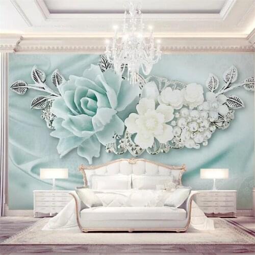 Custom wallpaper embossed 3D mint green pearl oil painting flower jewelry TV background wall 5d living room mural 8d wallpaper