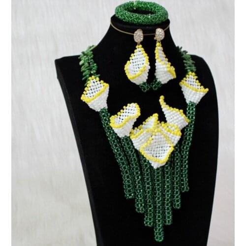 4UJewelry African White Flower Jewelry Set Necklace and Earrings Green Nigerian bridal Beads Necklace Handmade Jewellery Set New