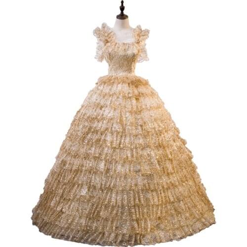 Golden glitter cake ruffled ball gown long dress vintage medieval dress Renaissance princess Victoria dress