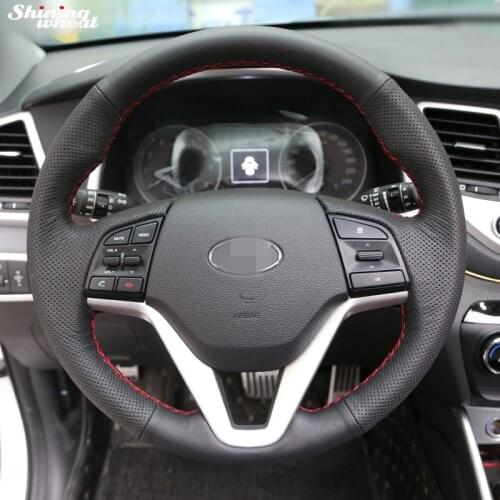 Shining wheat Hand-stitched Black Leather Car Steering Wheel Cover for Hyundai Tucson 2015 2016
