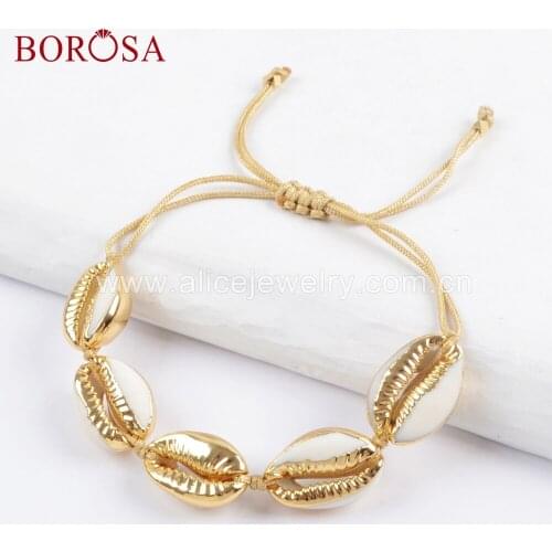 BOROSA 5PCS Wholesale Pure Handmade Five Narural Cowrie Shell Adjustable Rope Bracelet HD0016