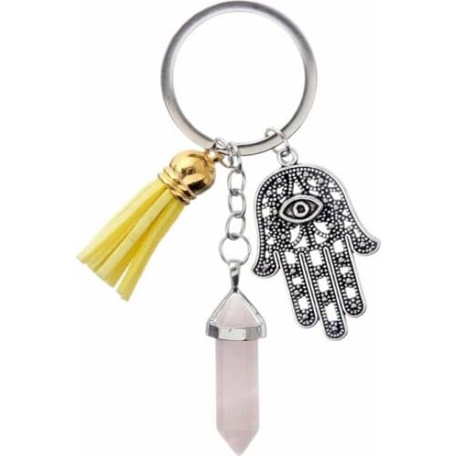 Natural Hexagonal Column Stone Keychain Women Pink Quartz Opal Key Chain With Evil Eye Fatima Tassel Jewelry Party Friends Gift