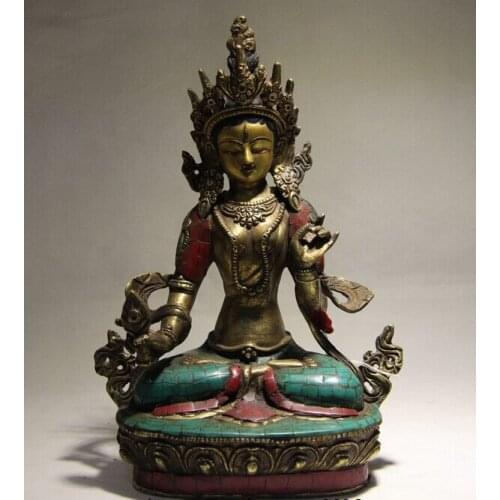Fast shipping USPS to USA S0900 Tibet Buddhism Fane Copper Inlay Turquoise Coral Ruby Beryl Tara Kwan-yin Statue