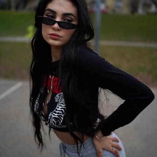 Harajuku Black T Shirt Goth Sexy Hollow Out Letter Print T-shirts Streetwear Women Long Sleeve Basic Cropped Tops