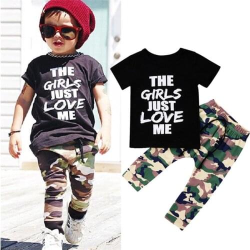 1-5 Years Kids Boys Clothes Set Toddler Kids Boys Long Sleeve Letter Print Tops+Camouflage Pants Set Infant Boys Summer Set