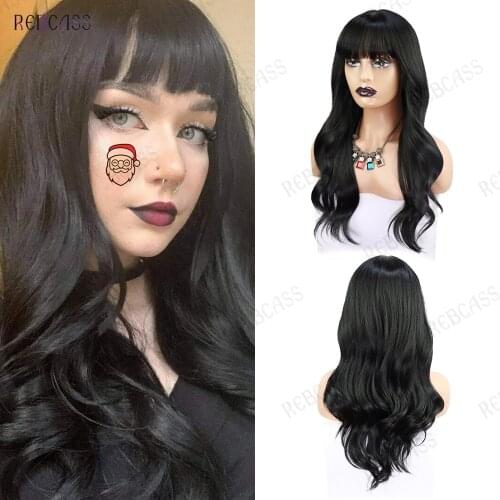 Rebcass Long Straight Natural Black Colored Synthetic Wigs Loose Wase With Bang Duable High Tempereature For Women