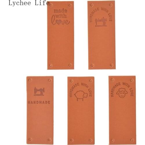 Lychee Life 24Pcs/lot Made With Love Handmade PU Leather Labels Rectangle Shaped Garment Label Tags Diy Sewing Crafts