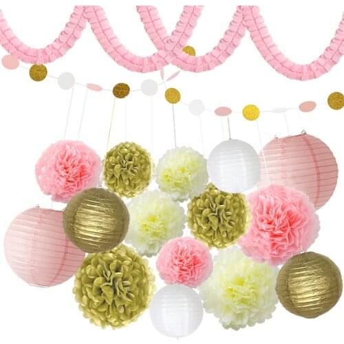 HAOCHU 18pcs/set Romantic Pink Gold White Round Paper Lantern Four Leaf Clover Paper Garland Wedding Christmas Party Decor Set