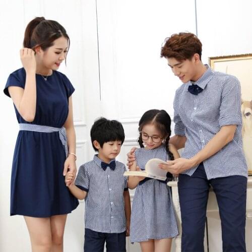Family matching clothes korean check shirts father mother daughter son mom mommy and me women dress couple look outfits wear