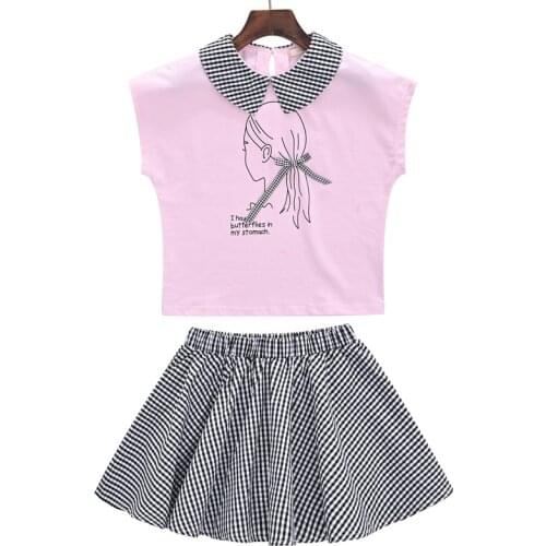 Girls College Style Sets New Style Childrens Short-Sleeved Shirt +skirt Clothes Suit Big Kids Plaid Two-Piece Sets 4-12 Ages