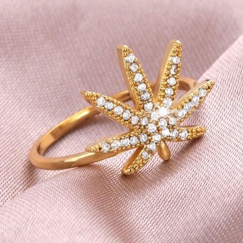 Round Shiny Full Zircon Leave Ring Women Delicate Daily Jewelry Pendant Korean Fashion Girlfriend Fine Accessories Maple Leaf