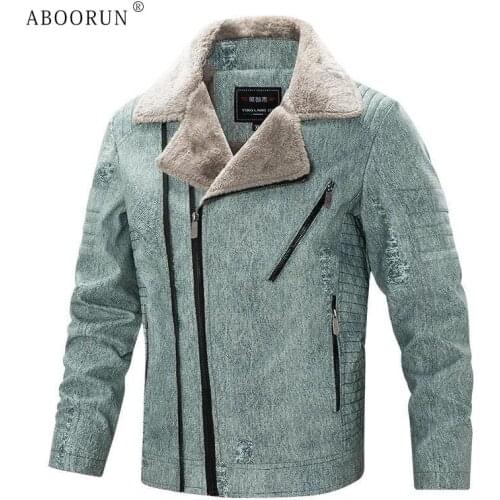ABOORUN Mens Fashion PU Leather Fleece Motorcycle Jackets Oblique Zipper Up Ripped Winter Warm Coat for Male