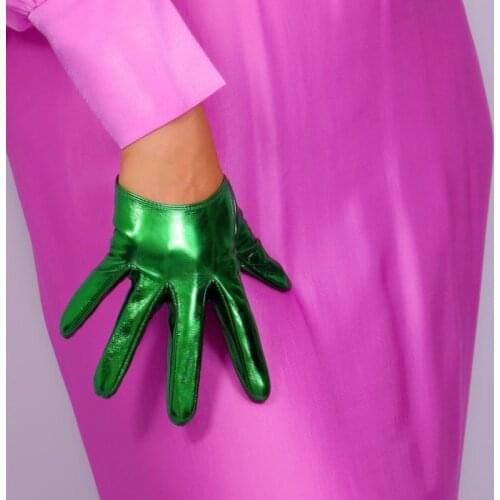 LATEX SHORT GLOVES Faux Shine Patent Leather 5" 13m Electric Green Wrist Long Women Leather Gloves WPU258