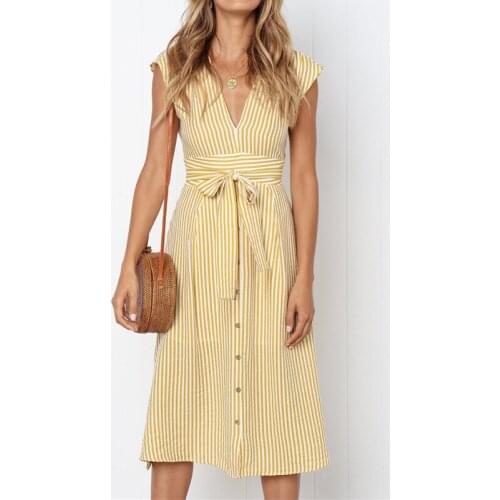 Summer Women Dresses Casual Stripe Print Sleeveless Dress Deep V Neck Button Midi Dress Ladies Elegant Sash Tie Up Bodycon Dress