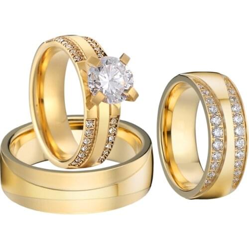 3pcs Luxury Dubai Golden Lovers promise wedding rings set for couples men and women Alliance marriage engagement ring