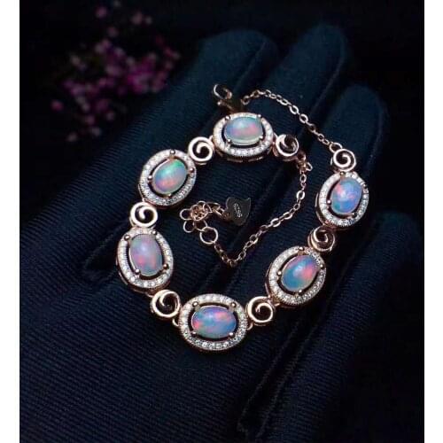 Natural Real Opal bracelet Solid S925 Sterling Silver For Women Colour Gem Stone Rings Fine Jewelry