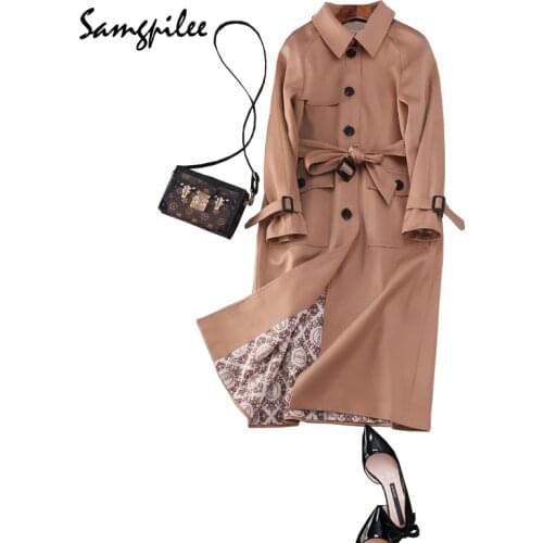 Autumn And Winter Streetwear Broadcloth Full Sleeve Long Turn-down Collar Single Breasted Slim Solid Women Trench