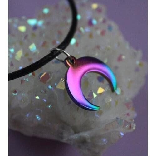 Moon Necklace / Rainbow Plated Horn Pendant / Angel Aura / Laser Crescent / Upside Down Moon Charm / Celestial / Lunar