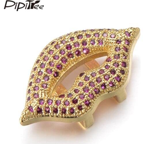Pipitree Fashion Large Slider Lips Charms fit 10MM Mesh Bracelet Pink Cubic Zirconia DIY Gold Charms Beads Women Jewelry Making