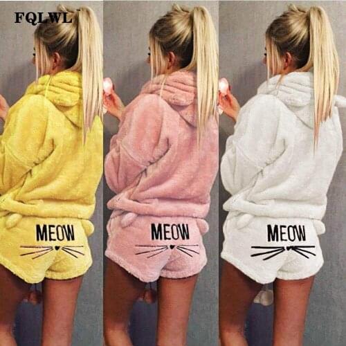 FQLWL Two Piece Set Pyjamas Women Sleepwear Flannel Kigurumi Cat Warm Pajamas Female Winter Pajamas For Women Pijama Home Suit