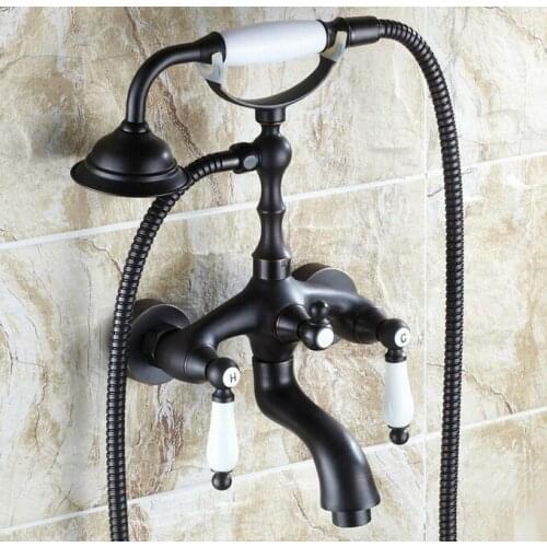 Luxury Telephone Style Oil Rubbed Bronze Wall Mounted Dual Porcelain Handles Bathroom Tub Shower Faucet &Handheld Shower atf039