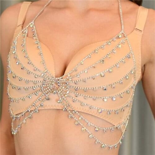 Sexy Summer Beach Bikini Body Chain Chest Chain Luxury Rhinestone Shiny Multilayer Tassel Harness Bra Body Jewelry Wholesale