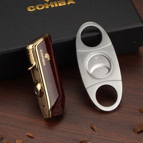COHIBA Cigar Lighter 3 Jet Torch Flame Lighter Stainless Steel Cigar Cutter Sharp With Cigar Puncher Gift Box Set