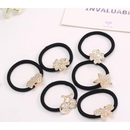 4PC Diamonds Black Headband Flower Heart Bow Hair Accessories for Women Girl Elastic Hair Bands Ponytail Holder Rubber Band Gum