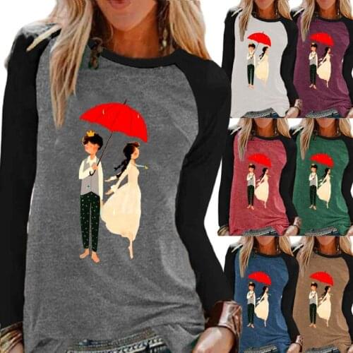 Ladies Fashion Print Long Sleeve Round Neck Graphic Blouse Tops Loose Autumn and Winter Casual Raglan Pullover Sweatshirt