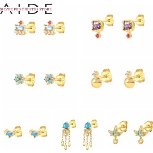 AIDE 925 Sterling Silver Turquoise Stud Earrings Women Cross Chain Rectangular Zircon Earrings 2021 Trend Earring Jewelry