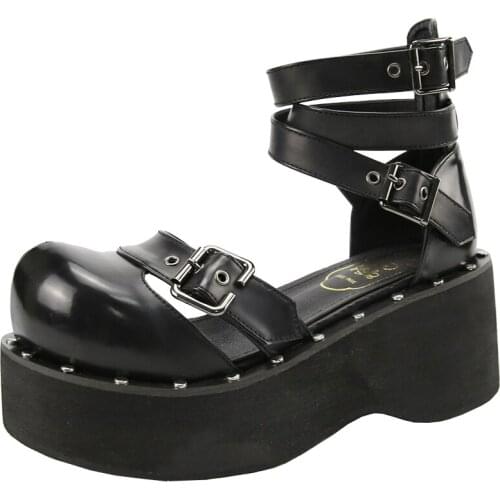 Women Lolita Rivet Belt Buckle Round Toe Gothic Punk Pumps Shoes Platform Wedge High Heel Creepers Japanese Harajuku Dark JK