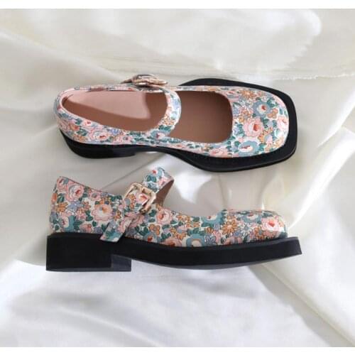 2021 Women Shoes Japanese Style Square Head High Heels Platform Leather Shoes Vintage Print Lolita Mary Jane Shoes