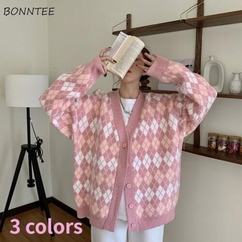 Cardigan Women Classic Preppy Loose Argyle Autumn V-neck Vintage 3 Colors Cozy Ladies Elegant Sweater Ulzzang Leisure Popular
