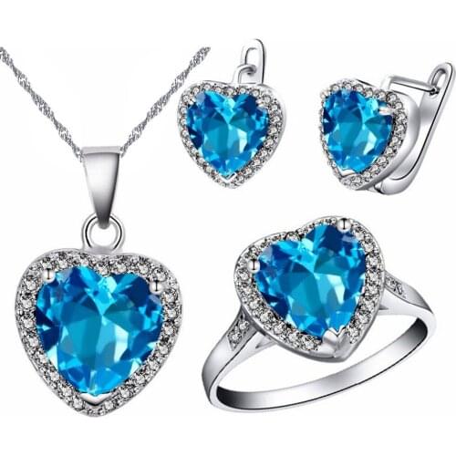Almei Wedding Jewelry Sets Silver Zirconia Women Ring Earring and Necklaces Ocean Blue Heart Crystal Bijoux Femme Parure T009