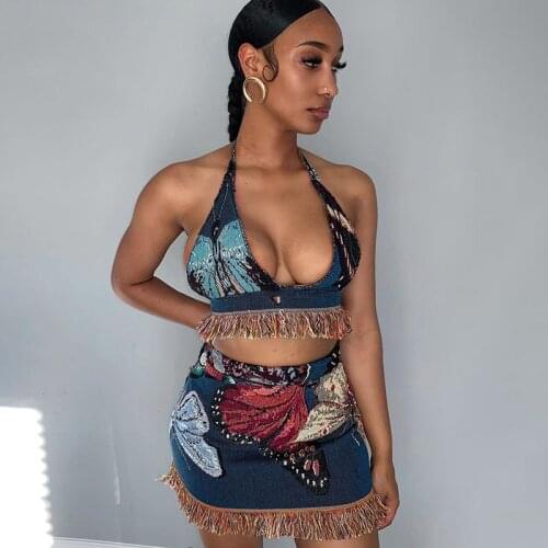 Printed Embroidery Beach Holiday Summer Skirt Set Women Tassel Backless Crop Top + Mini Skirts Two Pieces Bodycon Baddie Clothes