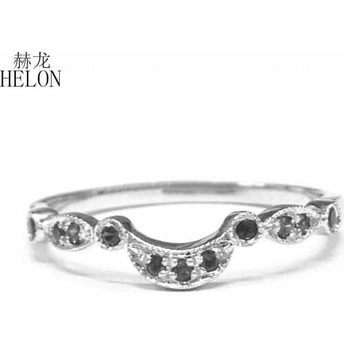 HELON Sterling Silver 925 Round 0.15ct Genuine black Sapphire Engagement Wedding Ring Women Curved Fine Jewelry Gemstone Ring