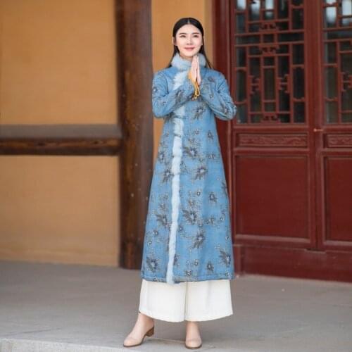 New Year Chinese National Party Dresses Vintage Robe Prin Qipao Long Dress Mandarin Collar Women Improved Cheongsam Dress FF3057