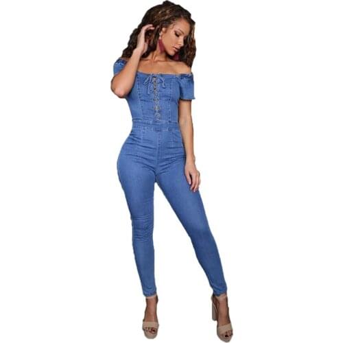 2021 New Summer Sexy Off Shoulder Bandage Jeans Denim Jumpsuit Playsuit Fashion Front Lace Up Romper Overalls One Piece Outfits